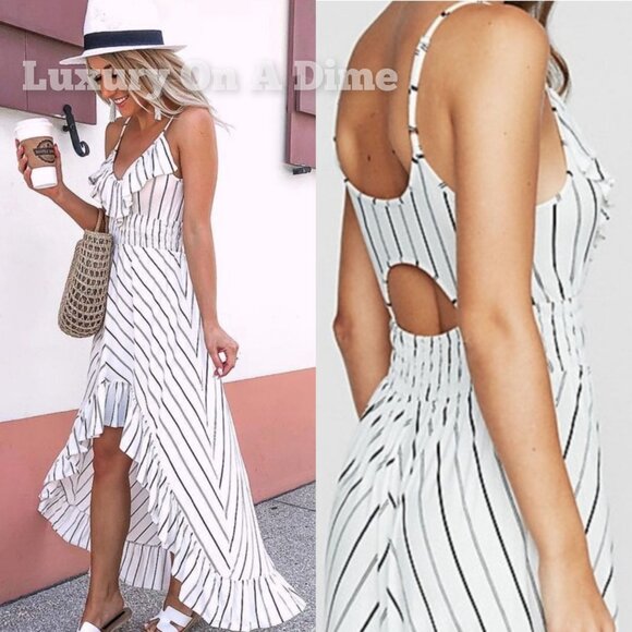 Express Dress Striped Ruffle Hi-Lo Cutout Open Back Summer Midi Maxi Sleeveless - Picture 5 of 14